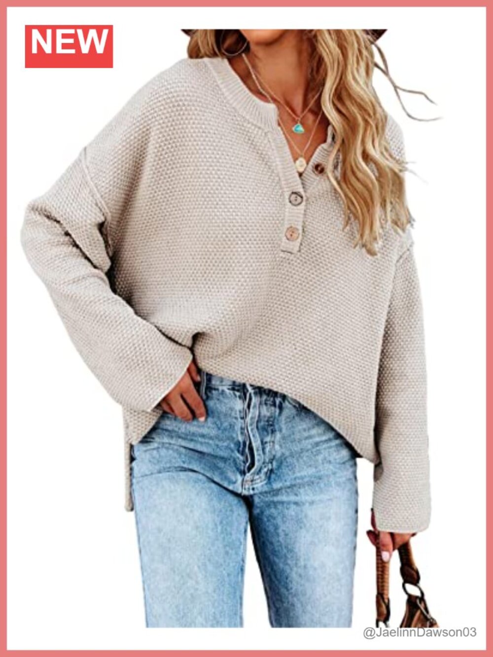 Womens Oversized V Neck Knit Pullover Sweater Long Sleeve Button Slouchy